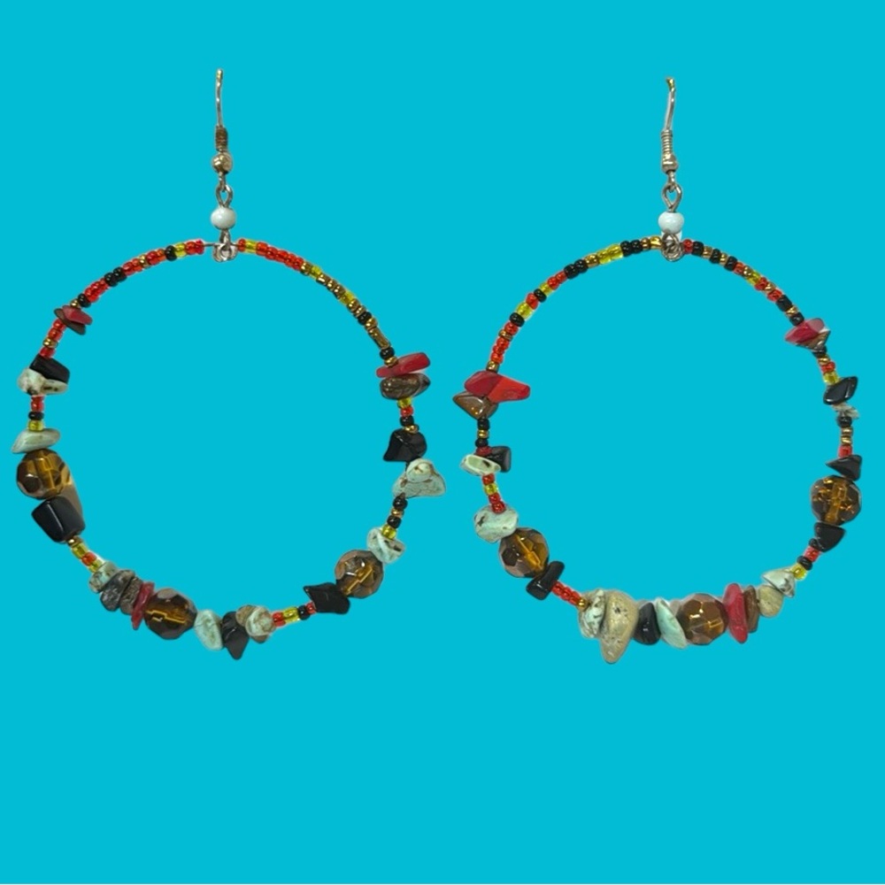 LARGE‎ RED BROWN BLACK GREEN MULTICOLORED HOOP EARRINGS
